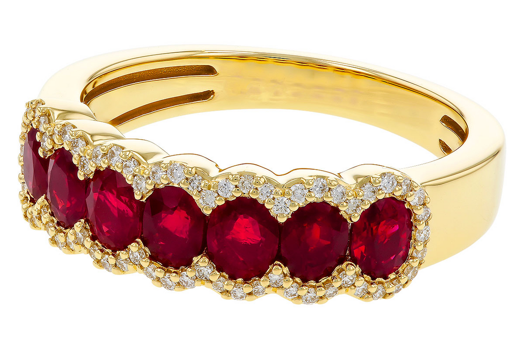 14k Yellow Gold Round Ruby 7 Stone Diamond Framed Ring