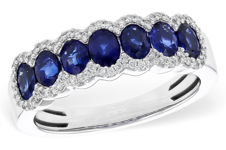 14k White Gold Oval Sapphire 7 Stone With Diamond Border Ring