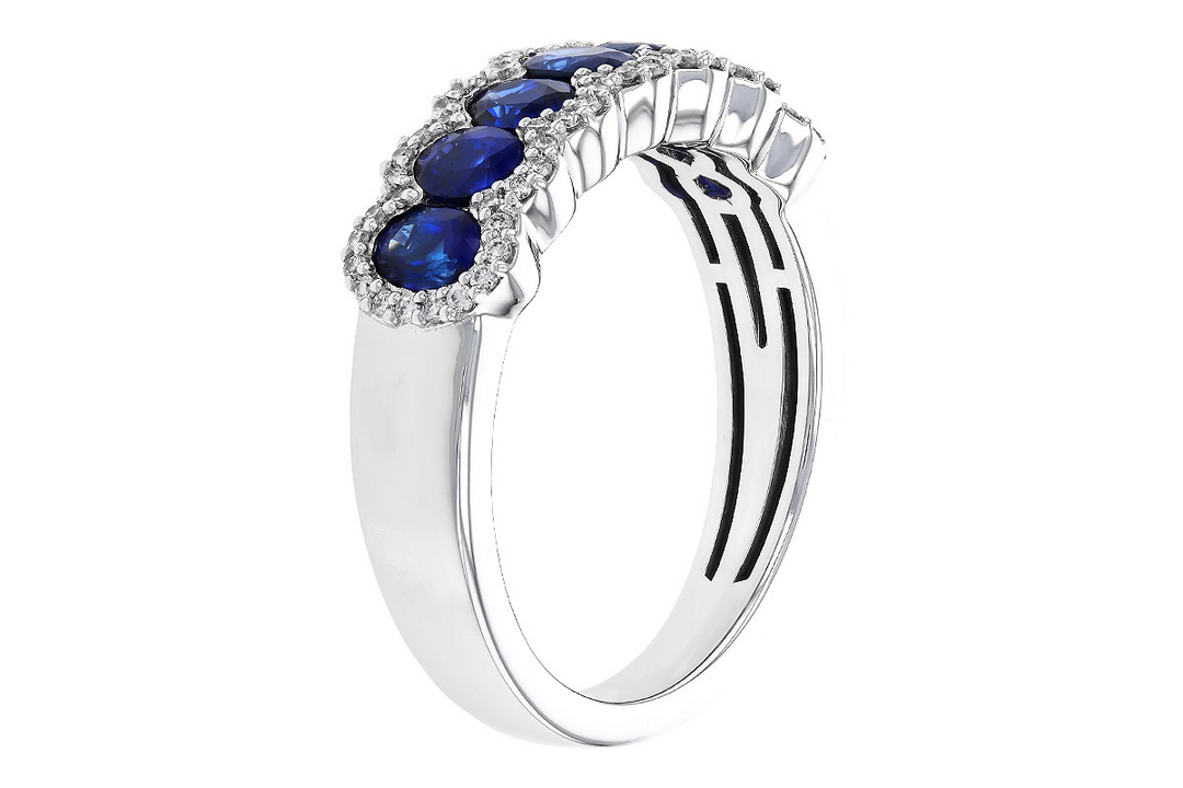 14k White Gold Oval Sapphire 7 Stone With Diamond Border Ring