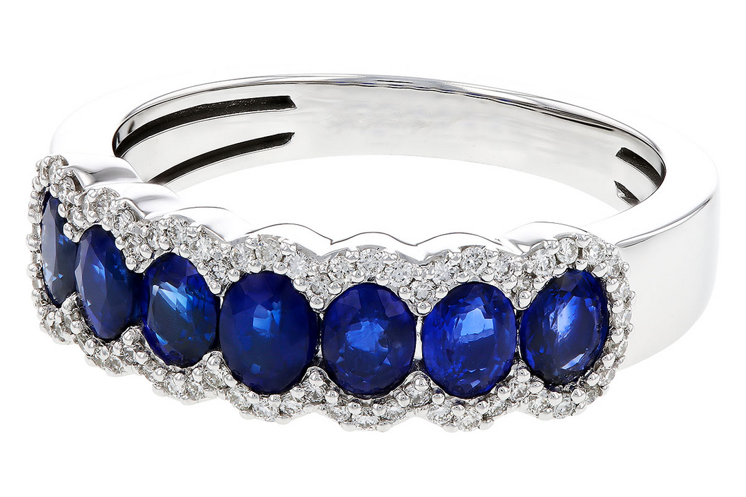 14k White Gold Oval Sapphire 7 Stone With Diamond Border Ring