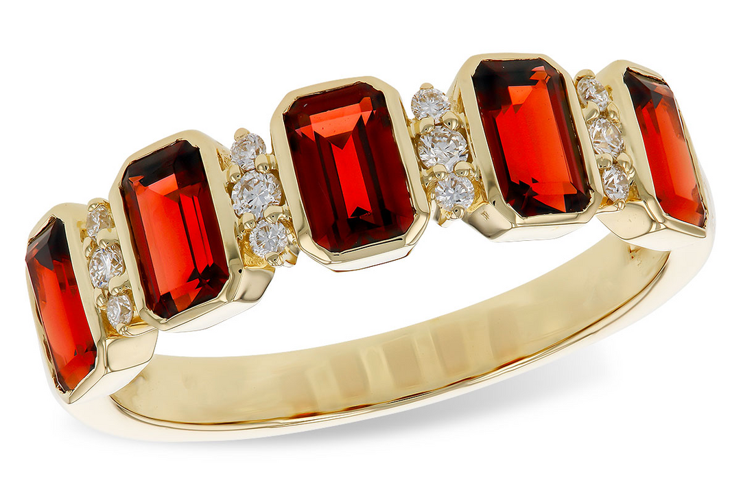 Triple Diamond Accented 14k Yellow Gold Emerald Cut Mozambique Garnet 5 Stone Ring