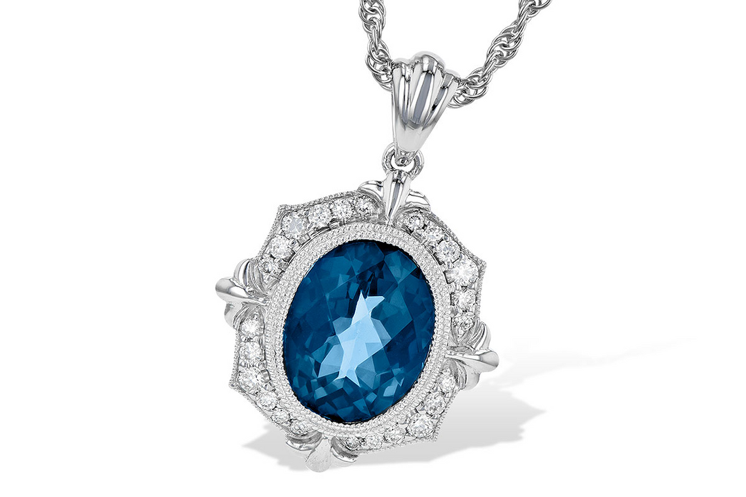 14k White Gold Oval London Blue Topaz Vintage Diamond Accented Pendant
