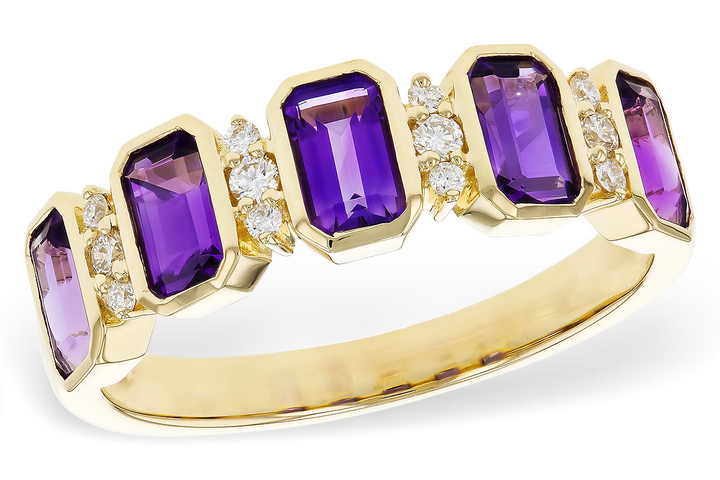 5 Amethyst Ring Emerald Cut Alternating with diamonds 14k Yellow Gold