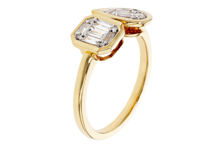 Diamond Geometric Style Ring Pear Shape with Emerald Cut Baguette Clusters 14k Yellow Gold .25ct total Total