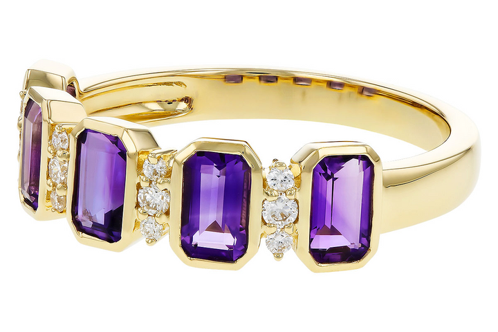 5 Amethyst Ring Emerald Cut Alternating with diamonds 14k Yellow Gold