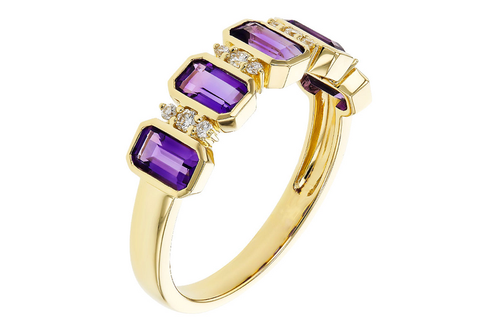 5 Amethyst Ring Emerald Cut Alternating with diamonds 14k Yellow Gold