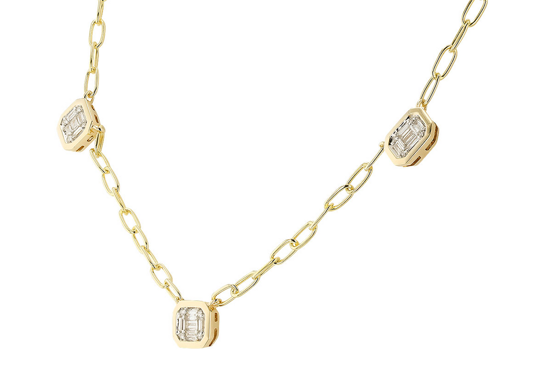 3 Rectaular Baguette Clusters Station Diamond Necklace .25 carat tw 14k Yellow Gold