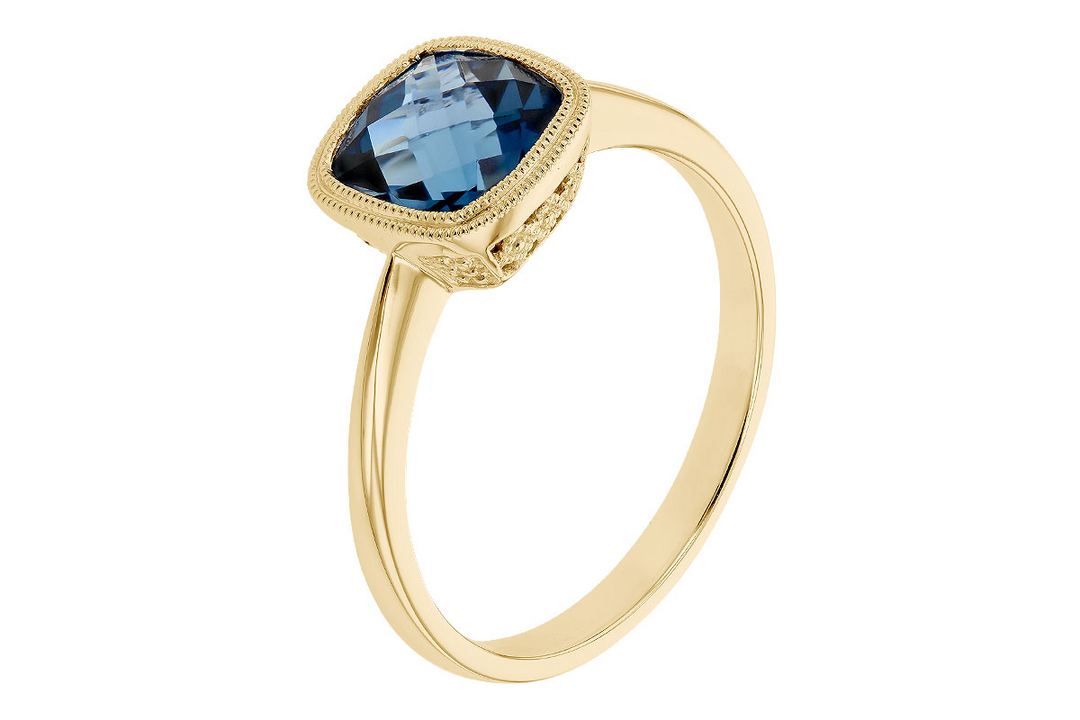 14k Yellow Gold Cushion London Blue Topaz Solitaire Ring