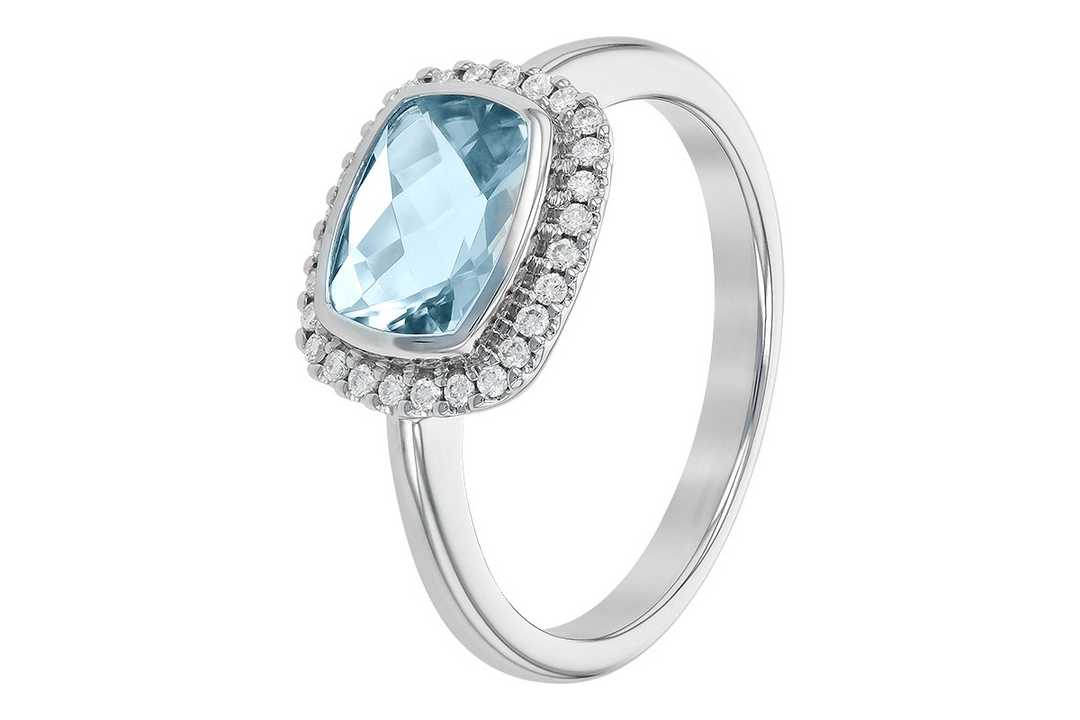 14k White Gold Cushion Aquamarine  28 Diamond Halo Ring