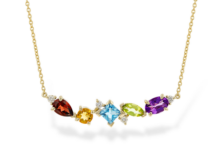 14k Yellow Gold Multi Shape Multi Gemstone Garnet, Citrine, Blue Topaz, Peridot, Amethyst Centered Multi Gemstone Necklace