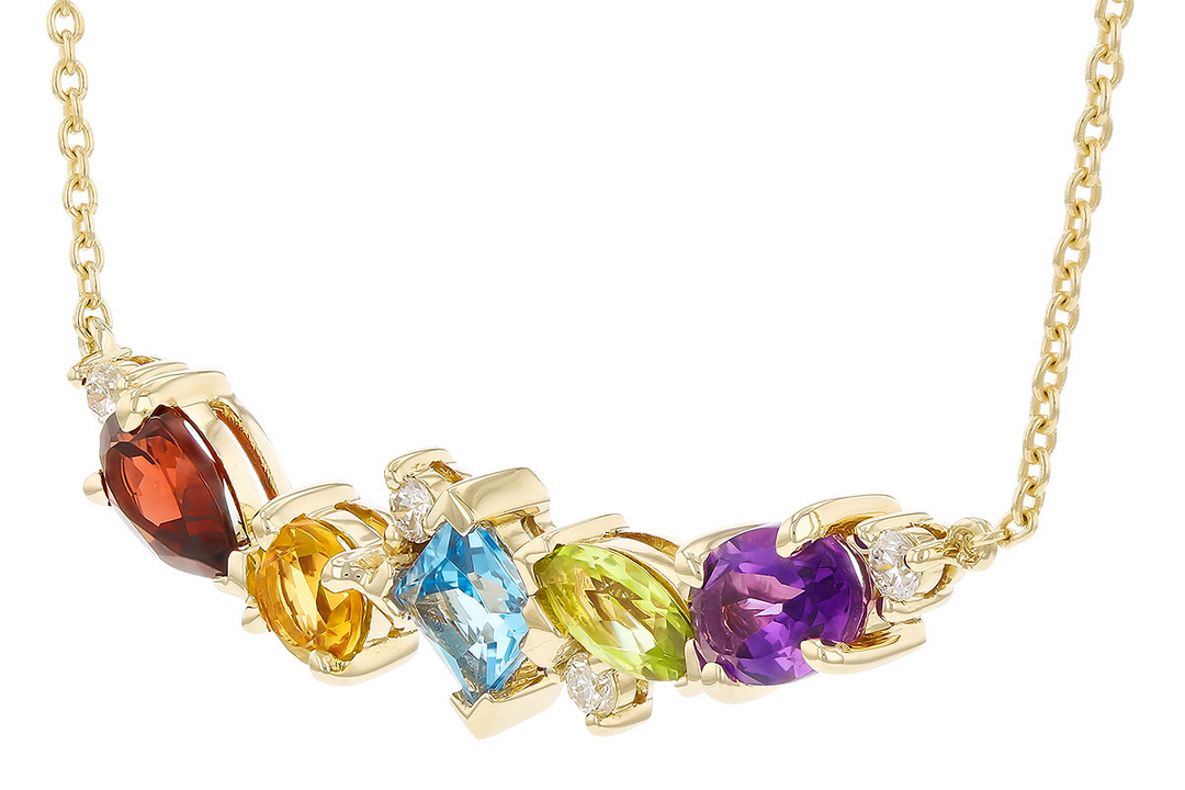 14k Yellow Gold Multi Shape Multi Gemstone Garnet, Citrine, Blue Topaz, Peridot, Amethyst Centered Multi Gemstone Necklace