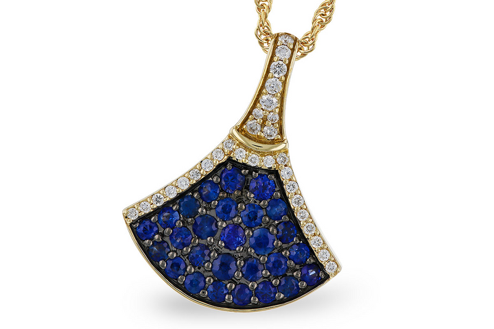 14k Yellow Gold 27 Round Sapphire Cluster with 30 diamonds Fan Shape Pendant