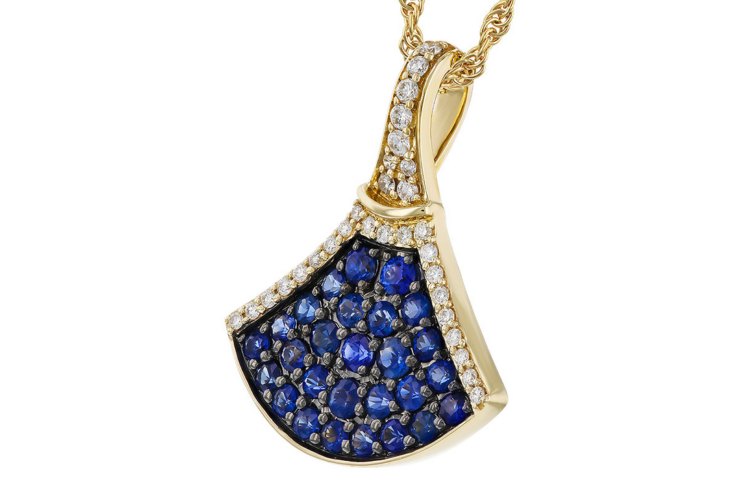 14k Yellow Gold 27 Round Sapphire Cluster with 30 diamonds Fan Shape Pendant