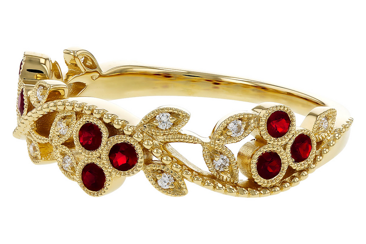 14k Yellow Gold Round Ruby Flower leaf pattern Ring
