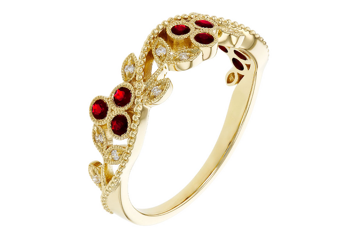 14k Yellow Gold Round Ruby Flower leaf pattern Ring