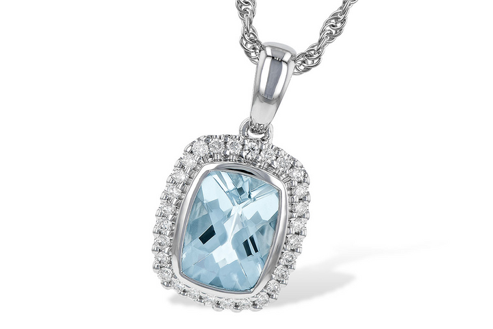 14k White Gold Cushion Aquamarine Halo 30 diamond Pendant