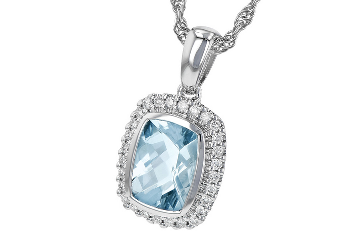 14k White Gold Cushion Aquamarine Halo 30 diamond Pendant