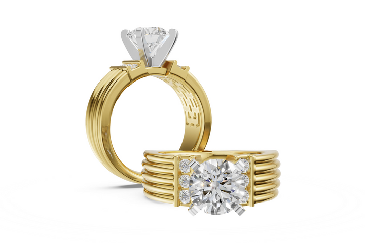 Contemporary Style Ribbed Shank, Diamond Collar Engagement Ring Mounting 14k Yellow Gold .20ct total Carat Weight