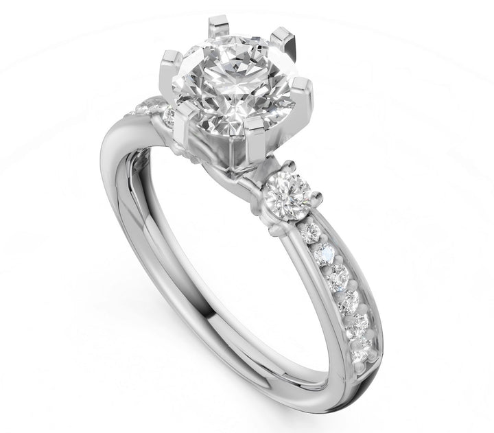 Shared Prong Style 2 large accenting diamonds with 6 tapering diamonds on each side Engagement Ring Mounting 14k White Gold .32ct total Carat Weight
