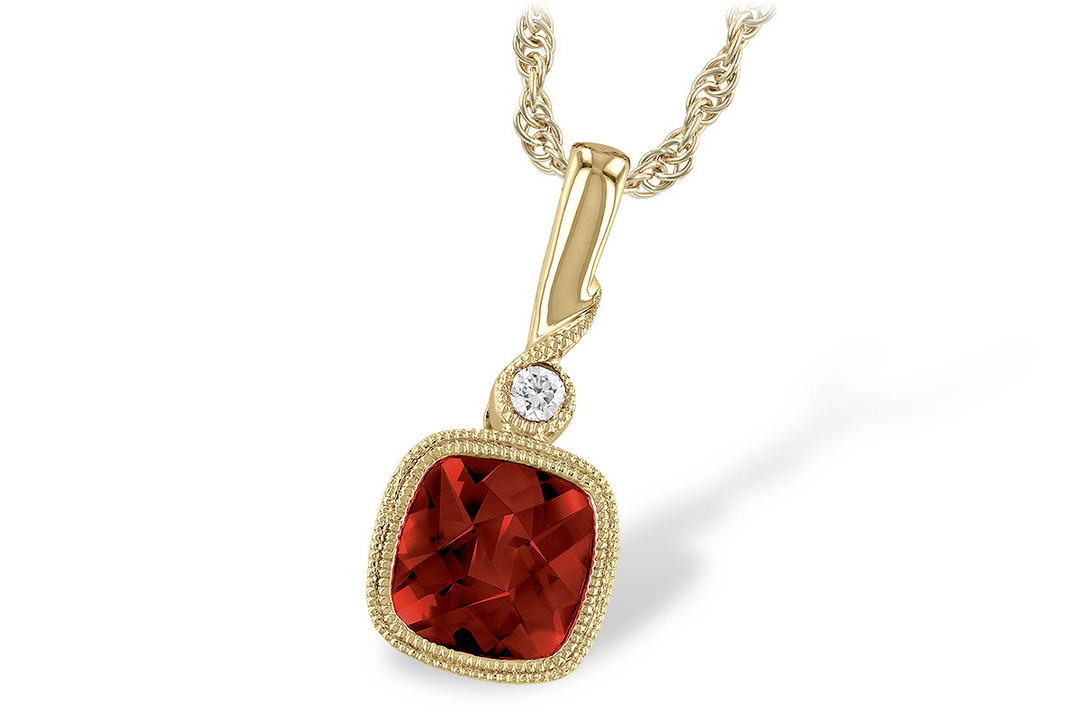 14k Yellow Gold Cushion Mozambique Garnet Bezel Set Diamond Accented Pendant