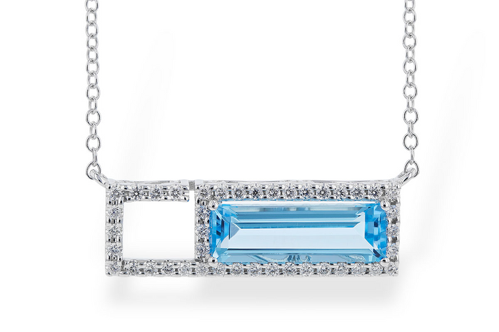 14k White Gold Emerald Cut Swiss Blue Topaz Open Diamond lined rectangle Centered Multi Gemstone Necklace