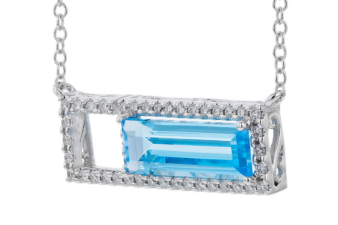 14k White Gold Emerald Cut Swiss Blue Topaz Open Diamond lined rectangle Centered Multi Gemstone Necklace