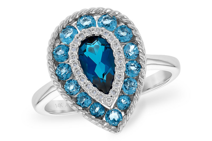 14k White Gold Multi Shape Multi Gemstone Halo Pear Shaped London Blue Topaz and Halo of Swiss Blue and Diamonds Ring