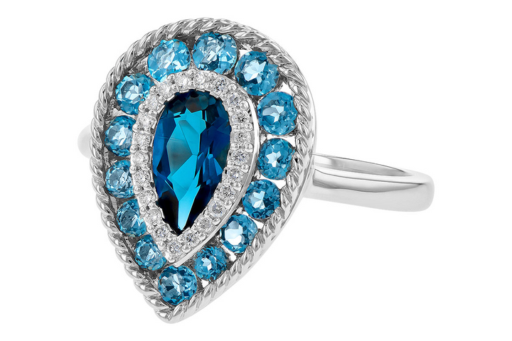 14k White Gold Multi Shape Multi Gemstone Halo Pear Shaped London Blue Topaz and Halo of Swiss Blue and Diamonds Ring