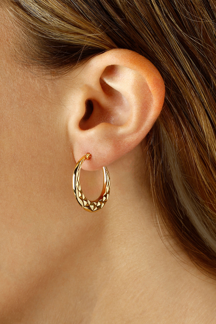 tapering profile Hoop 1.02 inch Earrings 14k Yellow Gold Diamond Cut