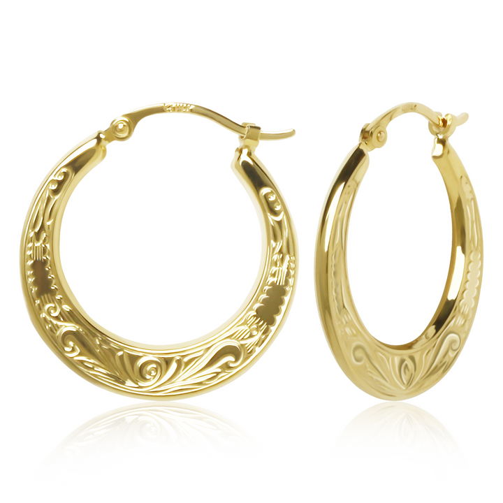Flat Floral Hoop .9 x .85 inch Earrings 14k Yellow Gold Engraved