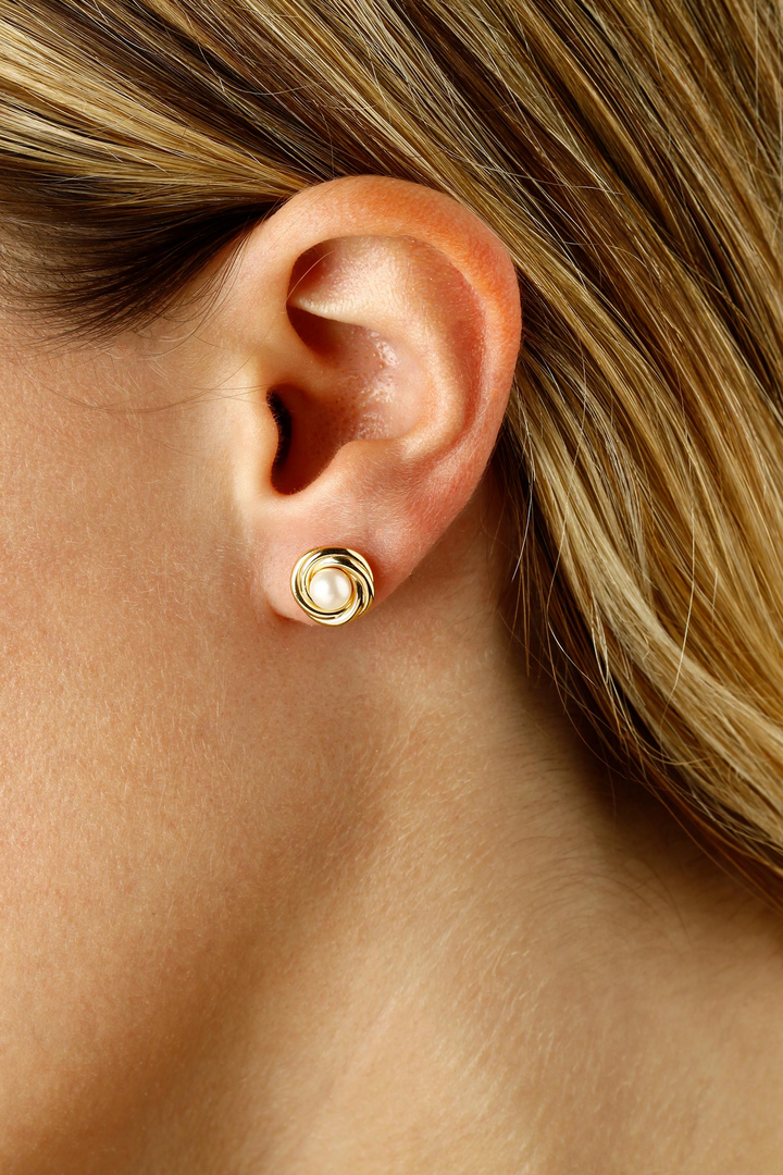 5mm Love Knot 14k Yellow Gold Round Pearl Post Earrings