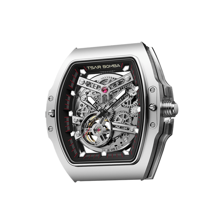 Tsar Bomba Atomic Series Skeleton Dial Automatic with Hours-Minutes-Seconds TB8218-CF/FKM WHT BLU