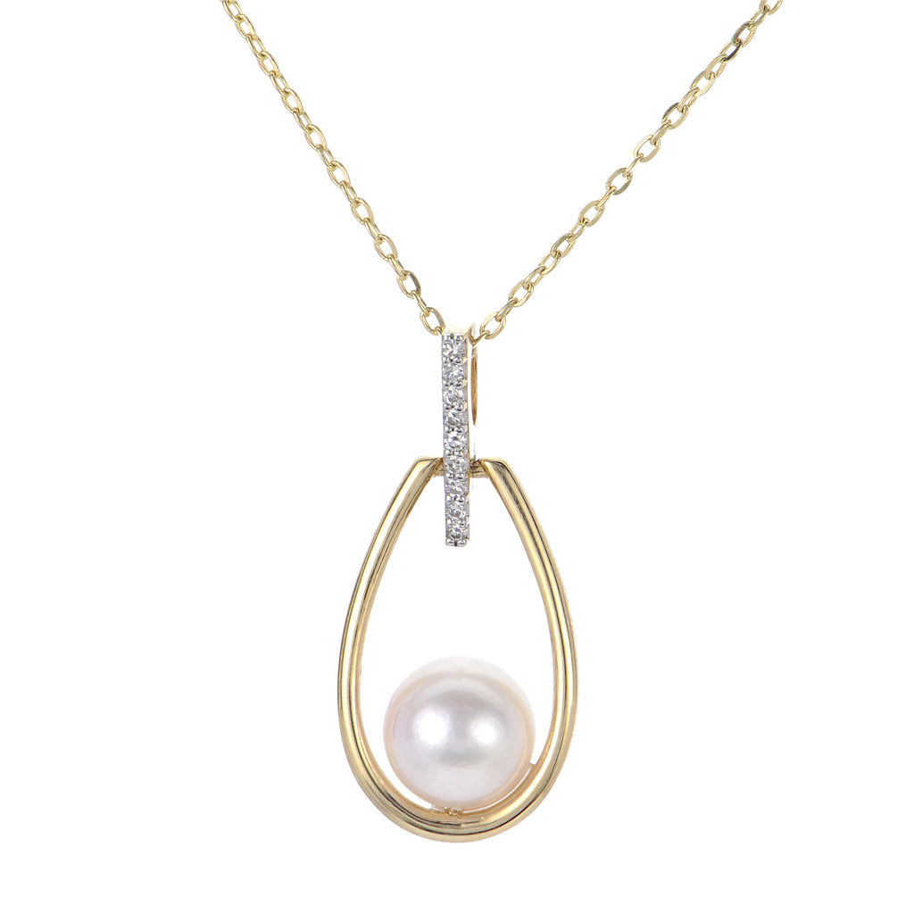 Pear Shape 6.0-6.5mm Akoya .03ct Diamonds Pearl Pendant 14k Yellow Gold