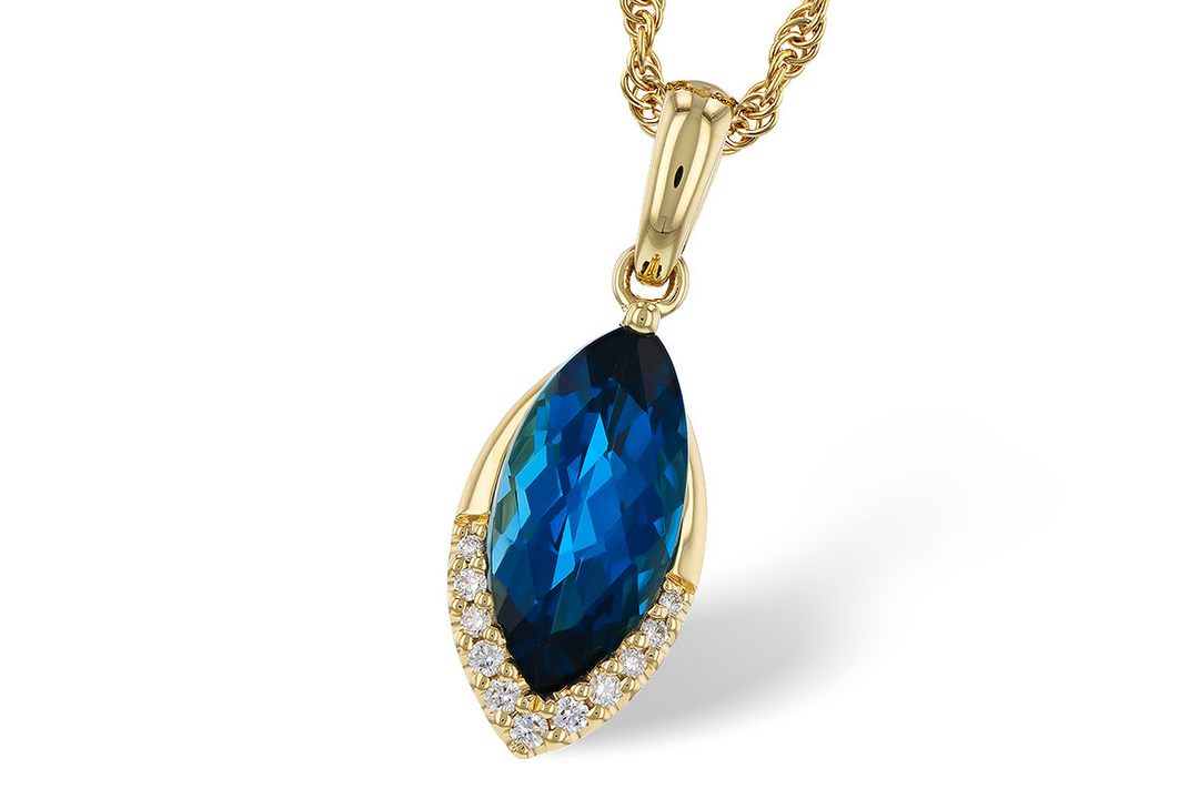 14k Yellow Gold Marquise London Blue Topaz Free Form Diamond Accents Pendant