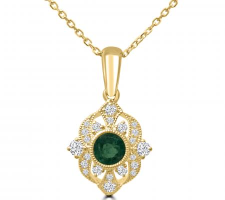 14k Yellow Gold Round Emerald Vintage Diamond Accented Pendant
