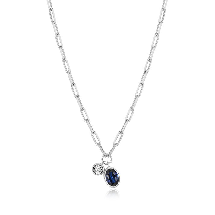 Sterling Silver 925 Purity Oval Lab Created Lab Grown Sapphire Contemporary Necklace