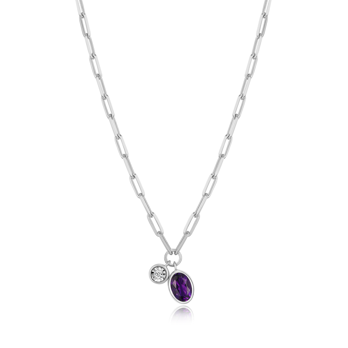Sterling Silver 925 Purity Oval Lab Created Amethyst Contemporary Necklace