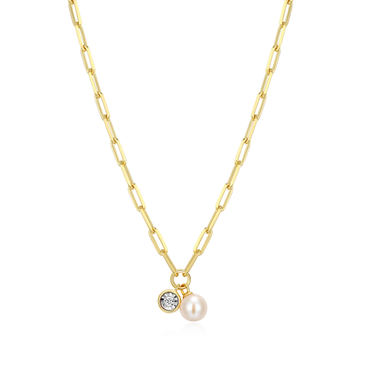 Pearl Round Chain Attached Necklace in Sterling Silver Yellow Gold