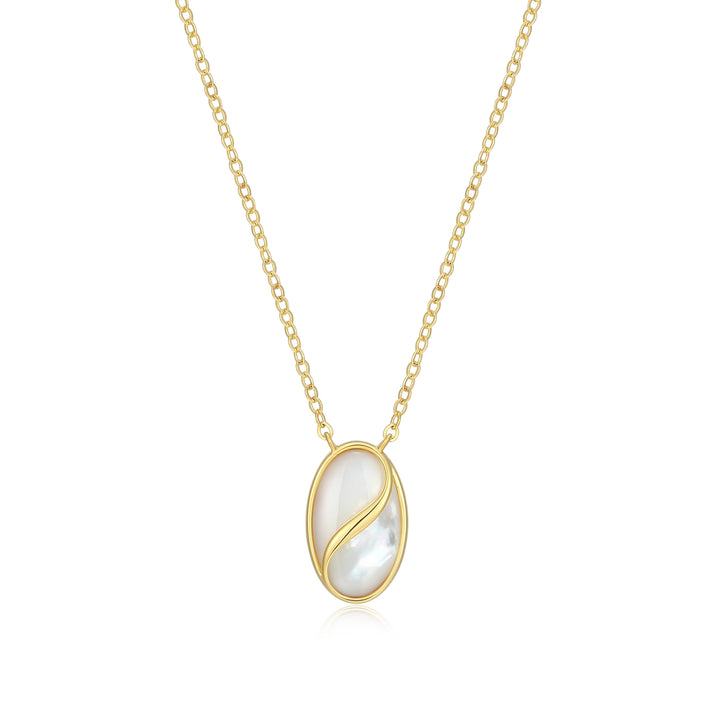 Mother of Pearl Oval Chain Attached Necklace in Sterling Silver Yellow Gold Plated