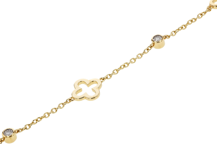 14k Yellow Gold Fancy Link .06ct Total Station Clover Diamond Bracelet