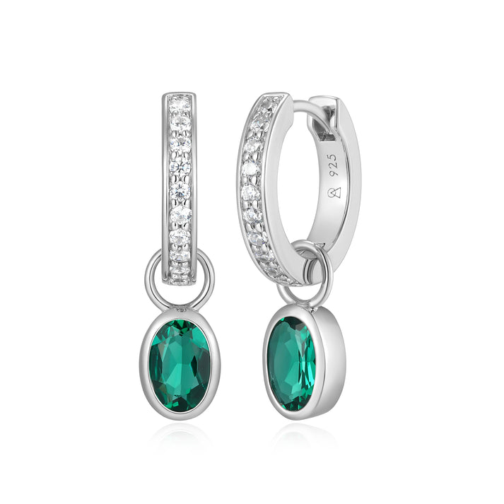 Sterling Silver 925 Purity Oval Lab Created Lab Grown Emerald Huggie Earring