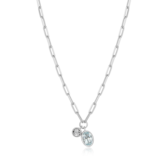Aquamarine Oval Bezel Set Necklace in Sterling Silver 925 Purity