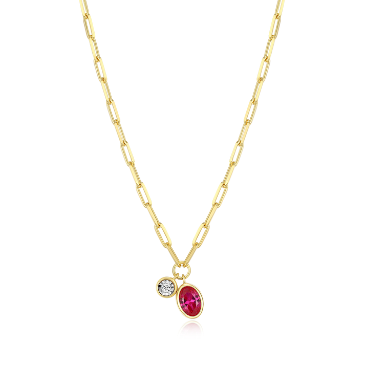 Sterling Silver Yellow Gold Plated Oval Lab Created Lab Grown Ruby Bezel Set Necklace