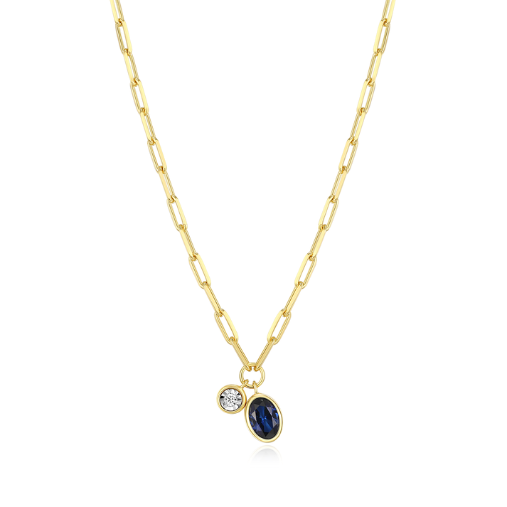 Sterling Silver Yellow Gold Plated Oval Lab Created Lab Grown Sapphire Bezel Set Necklace