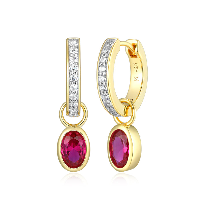 Sterling Silver Yellow Gold Plated Oval Lab Created Lab Grown Ruby Huggie Earring