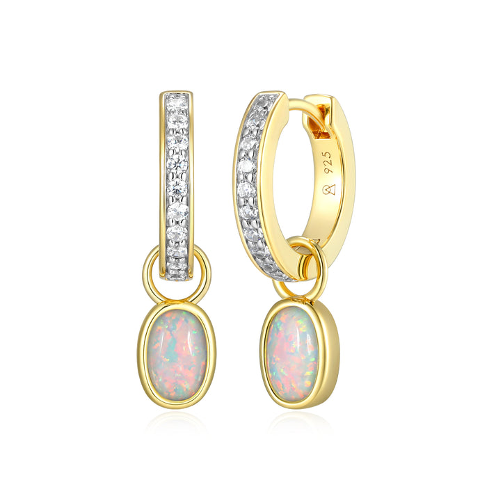 Sterling Silver Yellow Gold Plated Oval Lab Created Opal Huggie Earring