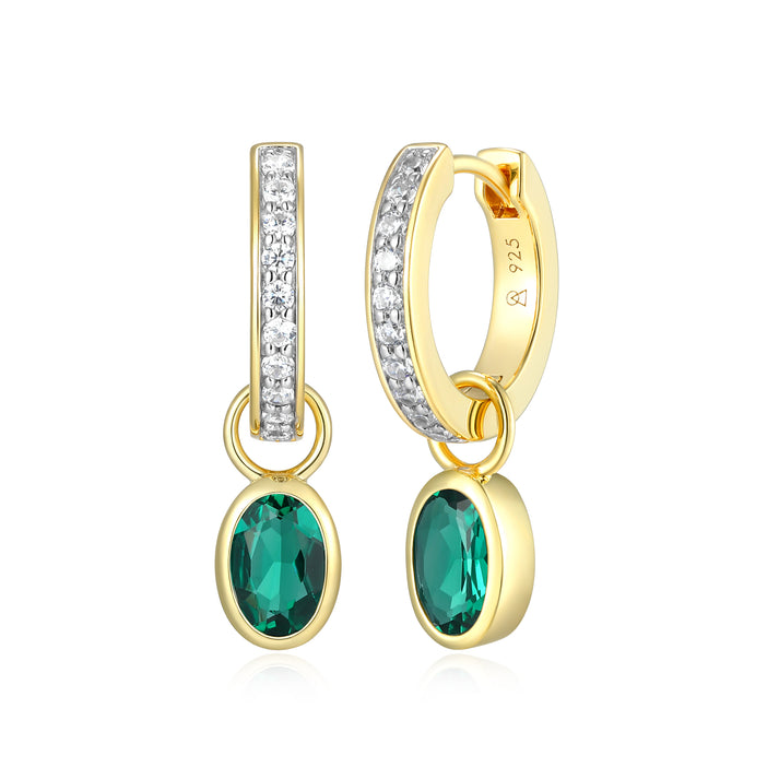 Sterling Silver Yellow Gold Plated Oval Lab Created Lab Grown Emerald Huggie Earring