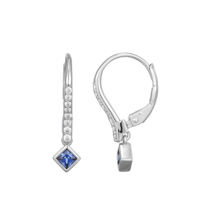 Sterling Silver 925 Purity Square Lab Created Lab Grown Sapphire Leverback Earring