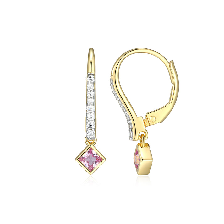 Sterling Silver Yellow Gold Plated Square Pink Lab Created Lab Grown Sapphire Leverback Earring