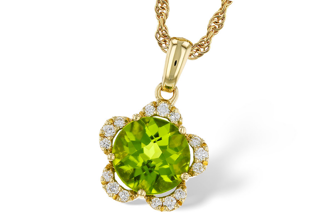 14k Yellow Gold Round Peridot Flower Diamond Accented Pendant